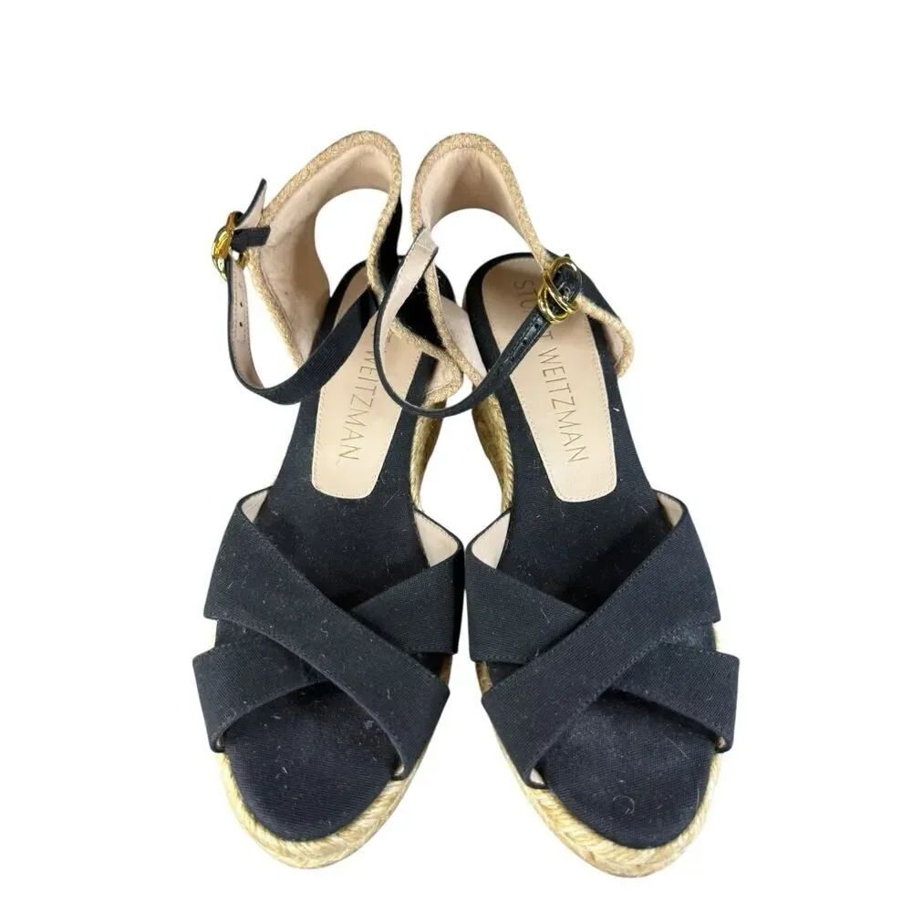 Stuart Weitzman Mirela Espadrille Wedge Sandals Black Natural 9B - Picture 5 of 11